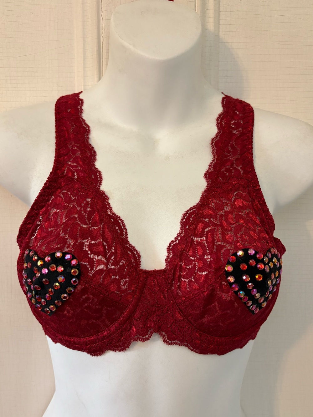 Rhinestone heart bra vintage style costume festival burlesque 34B new custom